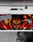 Fiery orange and deep red with midnight blue accents anime desk pad 36x16 inches, intense vibe.