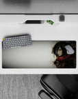 Grace and power 32x12 mouse pad with Mikasa Ackerman in grayscale watercolor, showcasing her quiet strength and her iconic red scarf for a bold desk vibe