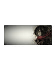 Mikasa Ackerman 28x12 mouse pad featuring a grayscale watercolor design, capturing her strength and solemn beauty wrapped in her iconic red scarf