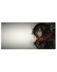 Mikasa Ackerman 32x16 mouse pad with a grayscale watercolor design, capturing her fierce yet solemn presence with her red scarf for a stunning desk aesthetic