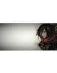 Mikasa Ackerman 36x16 desk pad featuring her fierce yet solemn presence in a grayscale watercolor design, wrapped in her iconic red scarf for a striking aesthetic