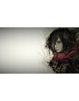 Mikasa Ackerman 40x20 desk pad featuring a grayscale watercolor design, capturing her fierce yet solemn presence with her iconic red scarf for a powerful workspace vibe