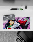 28x12 inches anime desk mat in pink sky and cherry blossoms, red robes and soft spring breeze mood.