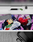 Pink sky and drifting petals anime desk pad 36x16 inches, calm romance vibe with red and green tones.