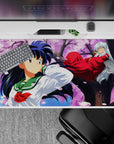 Pink sky and drifting cherry blossoms anime desk pad 40x20 inches, calm spring romance vibe.