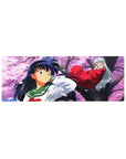 Panoramic anime mouse pad 32x12 inches with sakura branch scene, drifting petals, flowing hair and fabric.