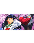 Spring sakura anime desk pad 36x16 inches with Kagome in green uniform and Inuyasha on a branch.
