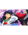Anime desk pad 40x20 inches with Kagome and Inuyasha under sakura petals, crisp linework.