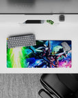 28x12 inches anime mouse pad in electric green, deep blue, and hot pink sparks with a late-night mecha vibe.