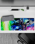 32x12 inches anime mouse pad in electric green, deep blue, and hot pink sparks, late-night mecha vibe.