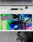 32x16 inches anime mouse pad in electric green, deep blue, and hot pink sparks for late-night mecha vibes.