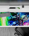36x16 inches anime mouse pad in electric green, deep blue, and hot pink sparks, high-speed mecha vibe.