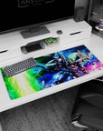 36x16 inches desk pad showing Gundam Deathscythe cutting through a moonlit neon skyline, poster-like action scene.