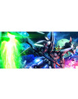 36x16 inches anime desk pad with Gundam Deathscythe slashing a neon sky, sharp armor, moonlit backdrop.