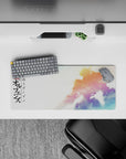 28x12 inches anime mouse pad in warm sunrise gold, soft pink, and cool blue tones for a calm pre-battle mood.