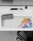 Sunrise gold to pink and cool blue haze anime mouse pad 32x12 inches, calm yet battle-ready mood.