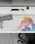 36x16 inches anime desk pad in sunrise gold, soft pink, and cool blue haze for a calm battle-ready mood.