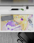 32x16 inches pastel kawaii mouse pad in butter-yellow, pink blush, and glittery violet eyes, dreamy vibe.