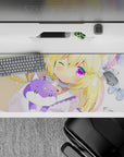 36x16 inches pastel kawaii desk pad in butter-yellow, pink blush, and violet sparkle eyes for a dreamy vibe.