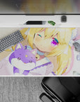 Pastel kawaii anime desk pad 40x20 inches in butter yellow, pink blush, and violet glitter eyes.