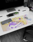 36x16 inches anime desk pad scene: kitty-eared blonde cuddles lilac fox plush with a star, cheeky wink.