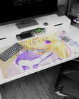 Blonde kitty-eared anime girl hugging a star-forehead lilac fox plush on a 40x20 inches desk pad.