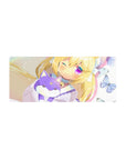 28x12 inches anime girl mouse pad with blonde cat-eared girl hugging lilac fox plush, butterflies and sparkles.