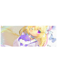 32x12 inches anime girl mouse pad with blonde cat-eared girl hugging lilac fox plush, butterflies sparkle.