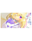 32x16 inches anime girl mouse pad with blonde cat-ear girl hugging lilac fox plush, butterflies, sparkles.