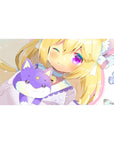 Anime girl desk pad 40x20 inches with blonde cat-ear cutie and lilac fox plush, butterflies and sparkles.