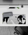28x12 inches anime mouse pad in deep blacks and stark whites, rain-soaked mood and brutal tension.