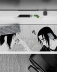 36x16 inches black-and-white anime desk pad, moody rain-soaked ink shadows with a loud TOK vibe.