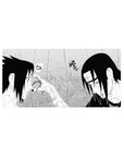 Naruto manga-style anime mouse pad 32x16 inches with Sasuke vs Itachi panel and bold ink detail.
