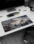 Sci-fi anime heroine with silver hair, small horns, black top, and white mech armor mouse pad 32x16 inches.