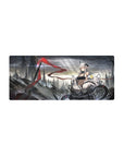 28x12 inches anime girl mouse pad with sci-fi heroine, silver hair, horns, mech armor, cyber skyline.