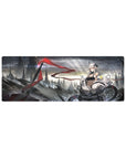32x12 inches anime girl mouse pad with silver-haired sci-fi heroine, mech armor, and futuristic skyline art.
