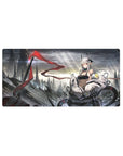 Anime girl mouse pad 32x16 inches with futuristic skyline, red ribbon accent, and mech armor art.