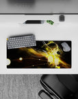28x12 inches anime girl mouse pad in deep black and warm amber glow, dreamy late-night sci-fi mood.