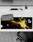 32x12 inches anime girl mouse pad in deep space-black with glowing gold streaks and warm amber sparks.