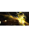 Anime girl desk pad 36x16 inches with cyber-angel glow, light trails, and floating pixel squares.