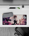 28x12 inches mouse pad with Jeanne d'Arc Alter, embodying vengeance and power with a black flag and swirling pink petals.