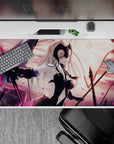 40x20 inches desk pad with Jeanne d'Arc Alter from Fate/Grand Order, capturing her dark power and presence with a swirling pink petal backdrop.