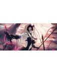 Desk pad featuring Jeanne d'Arc Alter from Fate/Grand Order, 36x16 inches, with her ominous black flag and pink petals swirling around her.