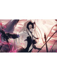 Desk pad featuring Jeanne d'Arc Alter from Fate/Grand Order, 40x20 inches, holding a black flag with pink petals swirling around her.