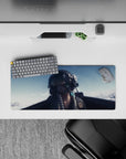 28x12 inches anime pilot mouse pad in cool blue gradients with glossy black helmet and teal hair accents.