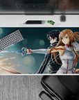 Anime desk pad 40x20 inches featuring Kirito and Asuna from Sword Art Online, swords glowing blue and amber.