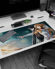 Sword Art Online desk pad 40x20 inches featuring Kirito and Asuna, vibrant colors and dynamic poses on a digital battlefield.