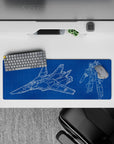 32x12 inches anime mouse pad in deep cobalt with crisp white line art, clean sci-fi blueprint vibe.