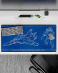 32x16 inches anime mouse pad in deep cobalt with crisp white mech schematics, clean sci-fi vibe.
