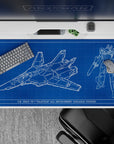 40x20 inches anime desk pad in deep cobalt with crisp white schematic lines, clean sci-fi vibe.